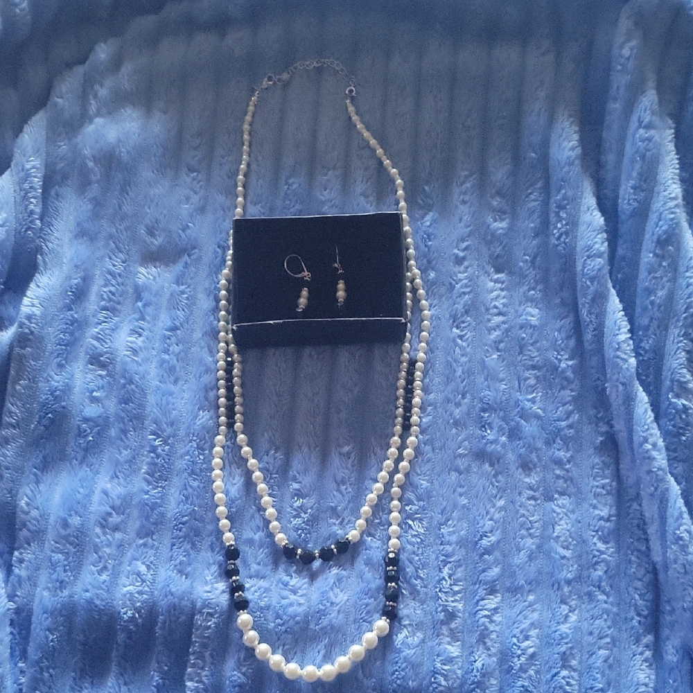 New Faux Pearl and Black Bead Double Strand Necklace Set, Fashion Jewelry